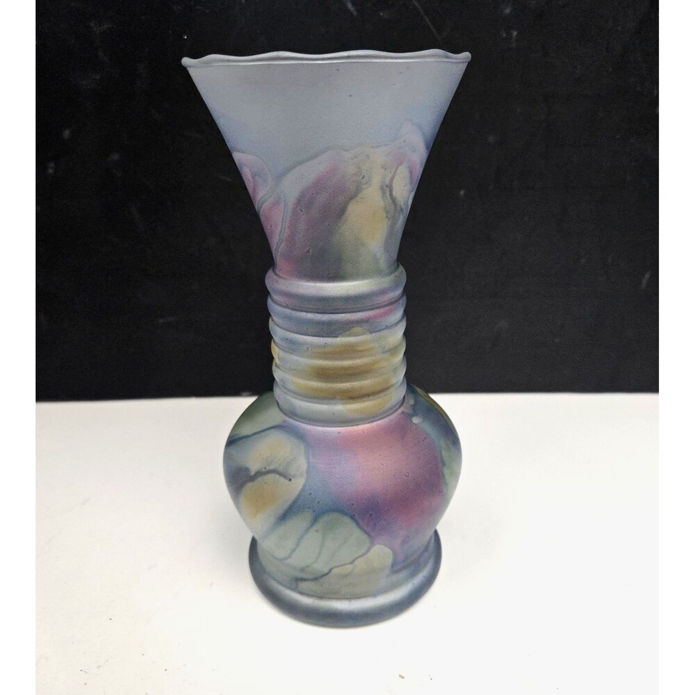 Rueven Nouveau Art Hand Painted Drip Satin Glass Vase w/ Applied Glass Swirl